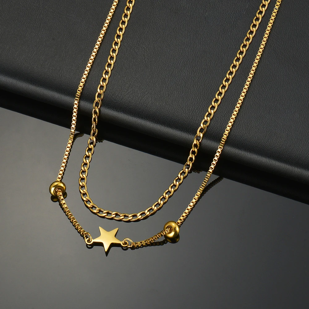 Women 2 Layer Choker Necklace Gold Color Chain Star Bead Pendant Stainless Steel Fashion Jewelry