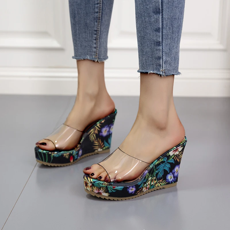 

High-Heeled Shoes Lady Woman's Slippers Platform Slides On A Wedge 2022 Summer Flat Soft Rubber PU Scandals Female Shoes House S