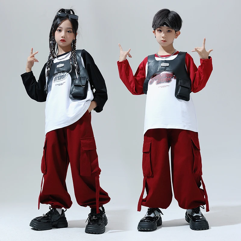 

Boys Street Dance Clothing Oversizse Sweatshirt Red Cargo Pants Girls Hip Hop Children Showing Clothes Set Kids Jazz Streetwear
