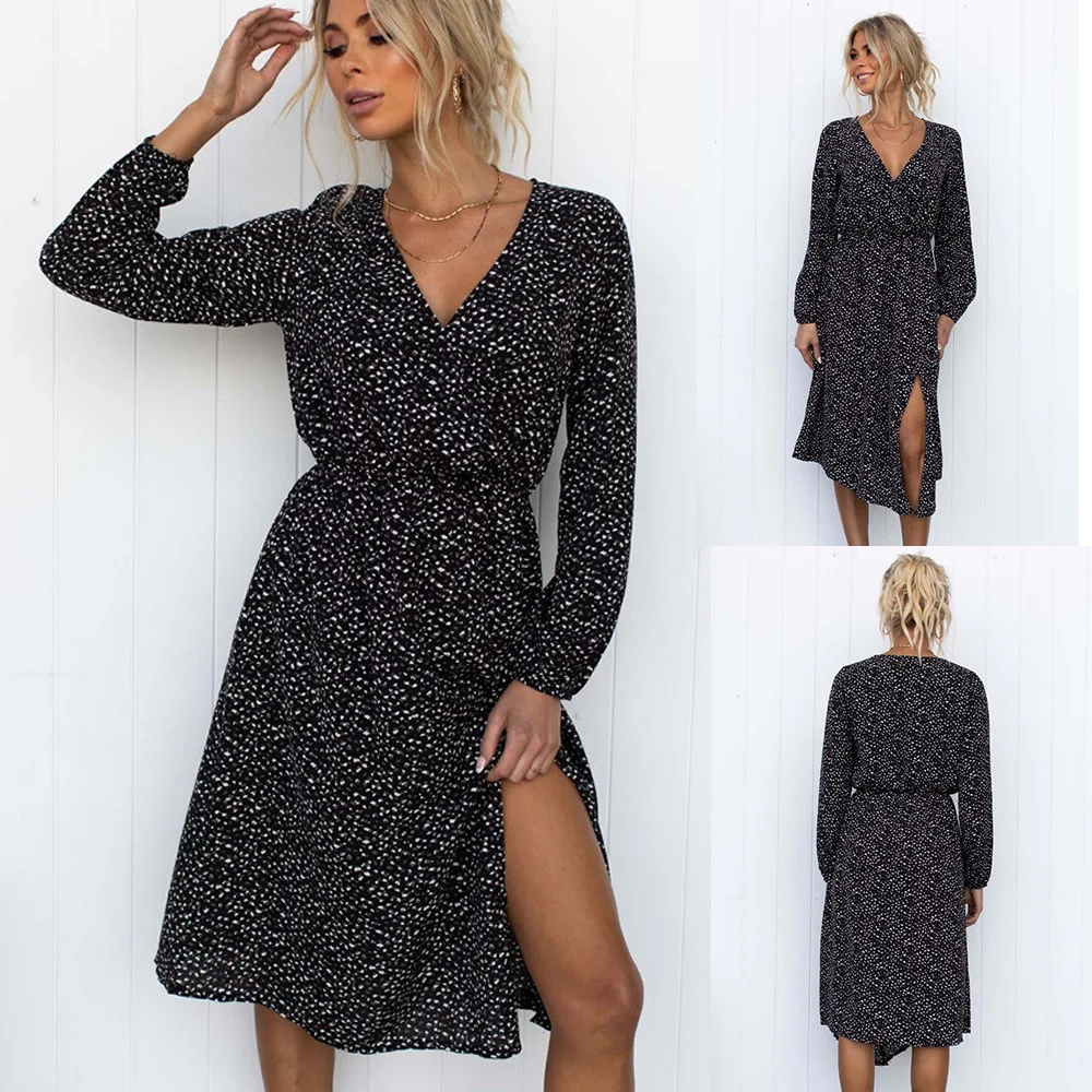 

Spring and Autumn fashion 2022 New printed midskirt V-neck long sleeves slit sexy dress with big swing women dress