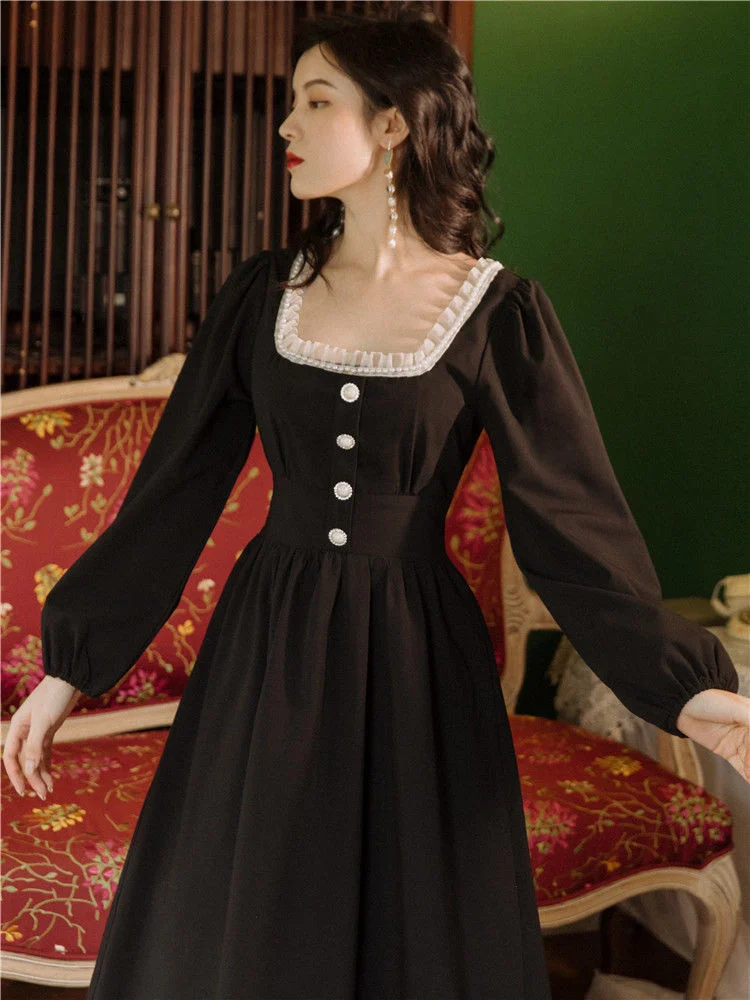 

Черное элегантное платье до середины икры с пышными рукавами и квадратным вырезом винтажные платья кружевное лоскутное французское стильное модное платье