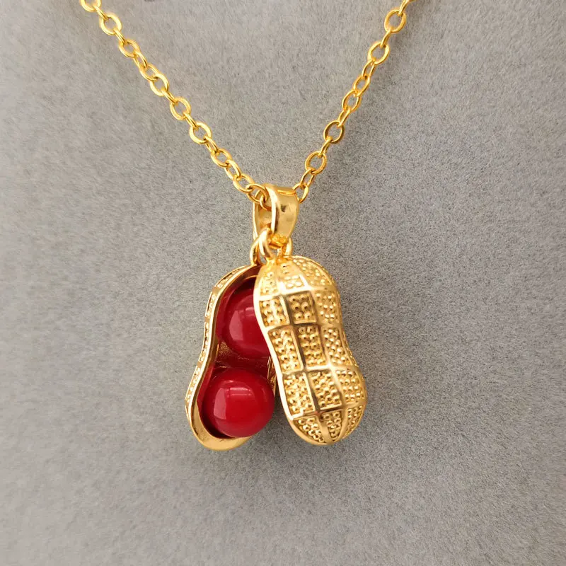 

New Brass Gold Plated Color Preserving Inlaid Red Pearl Peanut Pendant Necklace Earrings Handmade DIY Jewelry Pendant Colgante
