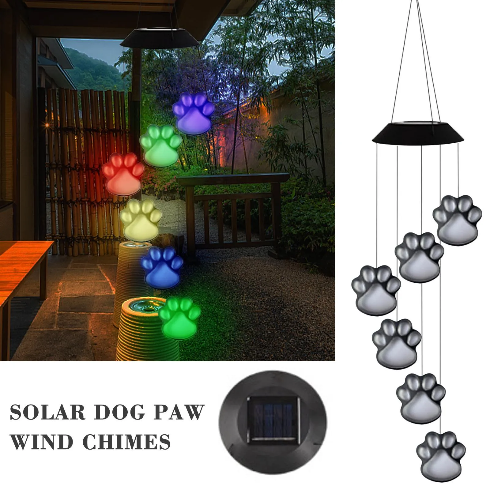 

Solar LED Wind Chimes Lights Dogs Cat Six Outdoor Pet Pawprint Remembrance Waterproof Color Changing Balcony Yard Patio Decor