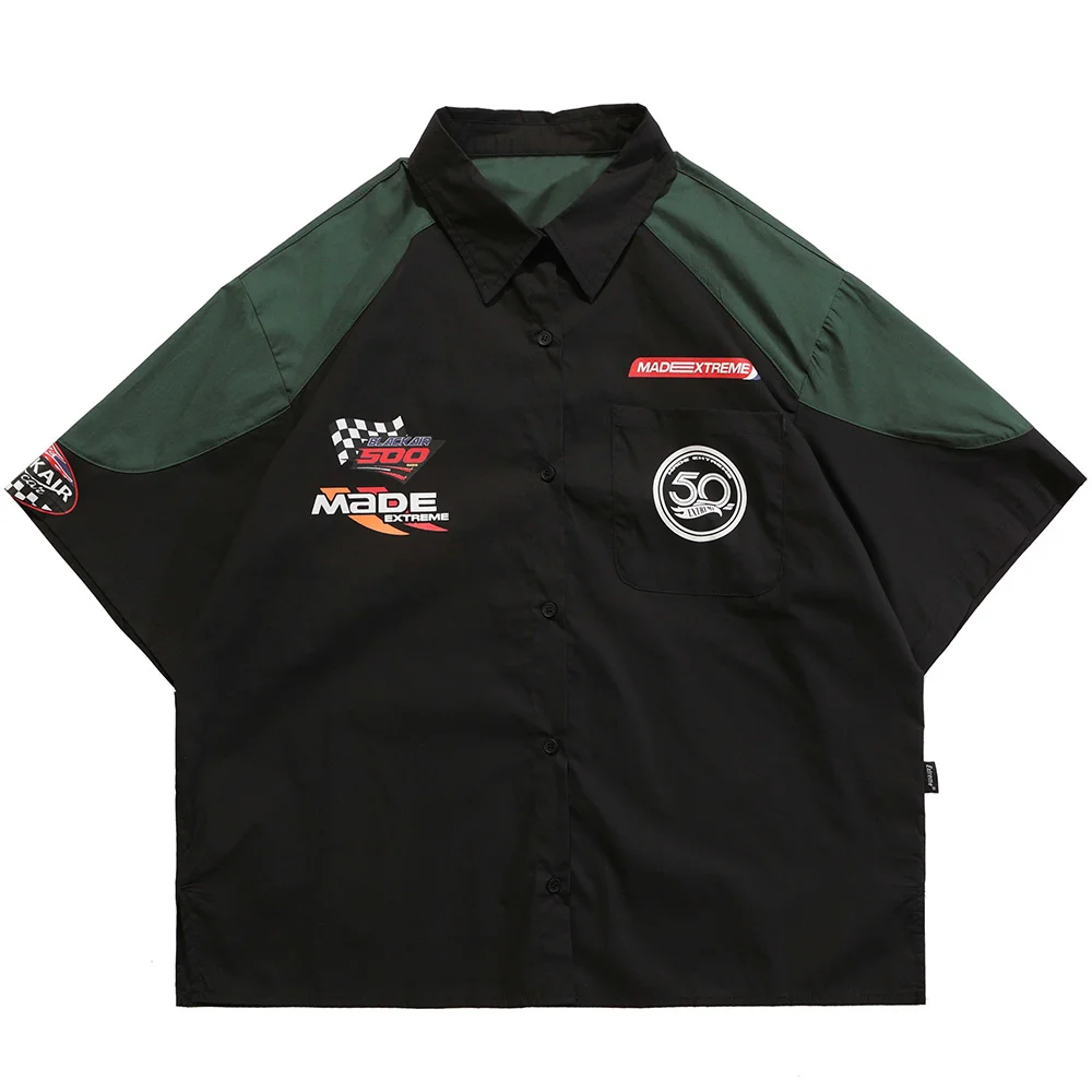 

Рубашка-карго мужская с коротким рукавом, Байкерская винтажная в стиле пэчворк, топ оверсайз в стиле Харадзюку, Весенняя уличная одежда