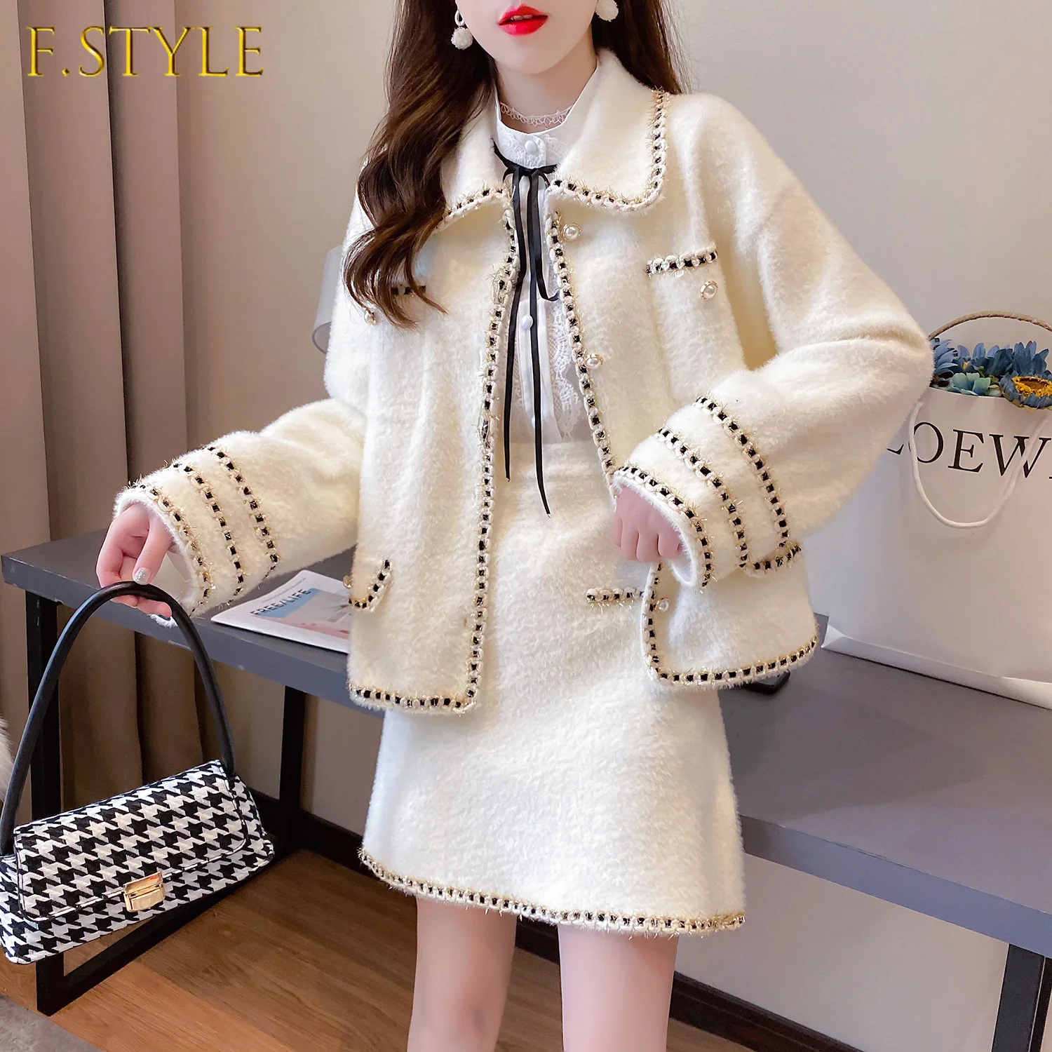 Women Fashion Autumn New Two-Piece Suit Harajuku Sweater Cardigans And Skirts Suit Elegant OL Sweater Suit Fake Mink Suit