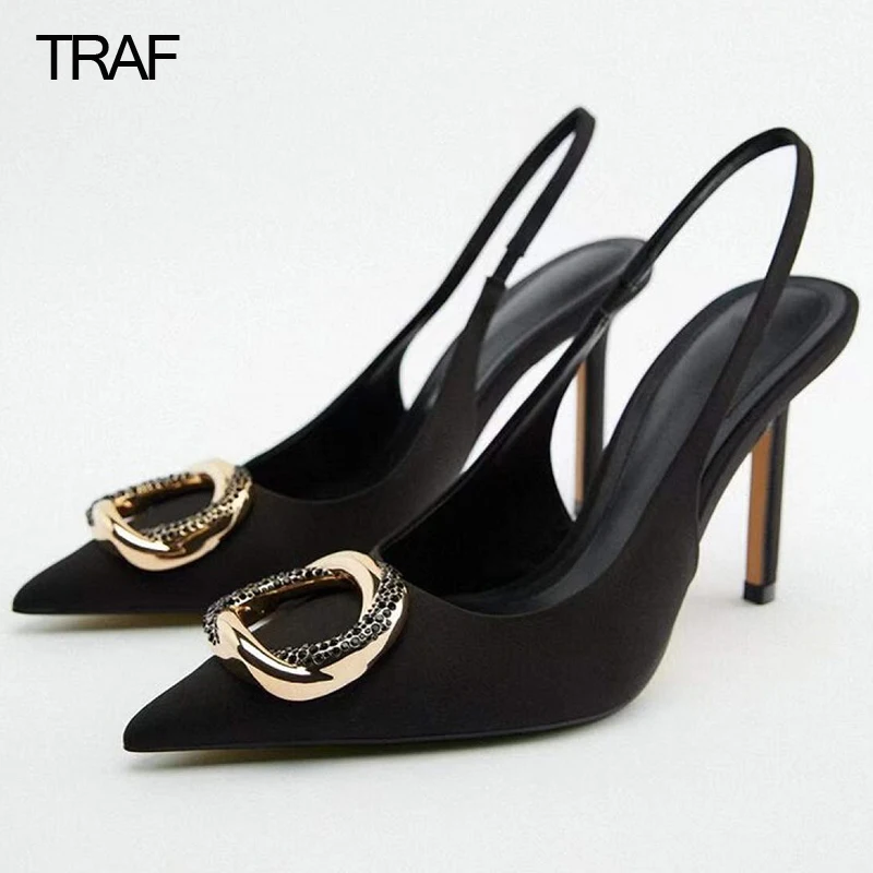 

TRAF Women's Black Slingback High Heels Spring Summer 2022 Woman Pumps Strappy Sandals Pointe Shoes Sandals Party Wedding Shoes