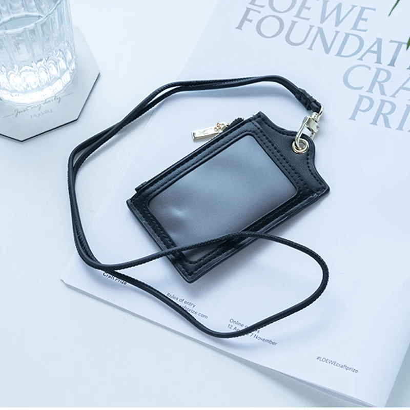 Work Card Holder With Lanyard Work Card Student Campus Bus Subway Card Leather Neck Type Card Holder Credit Cards Woman Wallet