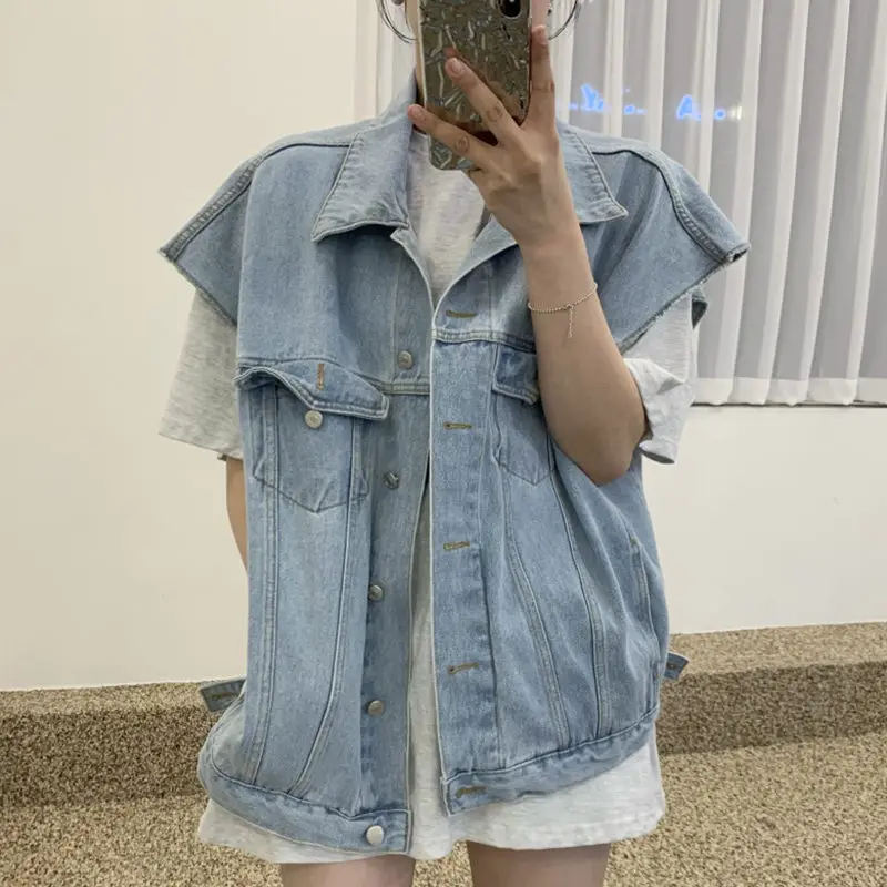 

Harajuku Korean Waistcoat Jacket Summer Lapel Single Breasted Loose Casual Versatile Denim Vest For Women Jeans Jaqueta Z1349