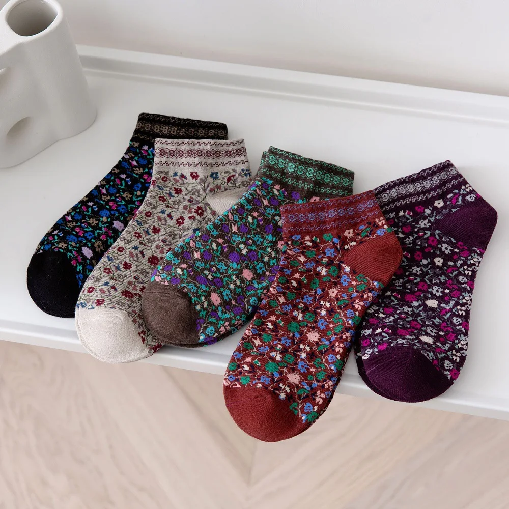 

1Pair Vintage Woman Socks Floral Print Harajuku Retro Short Socks Lolita Style Japanese Kawaii Cute Summer Low Cut Ankle Socks
