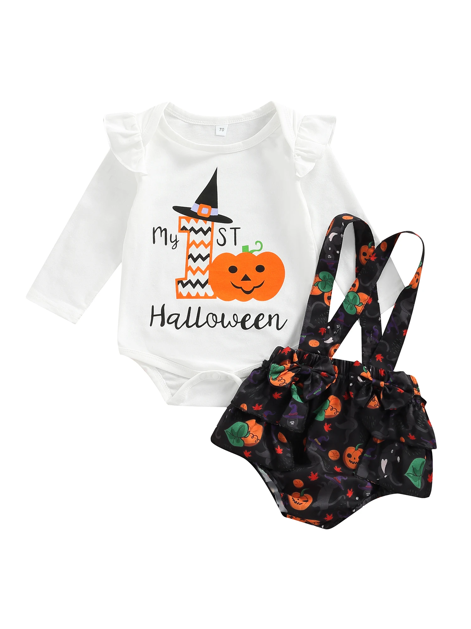 

Newborn Infant Baby Girl Halloween Thanksgiving Clothes Printed Ruffle Sleeve Romper Suspender Shorts Cute Outfit Set