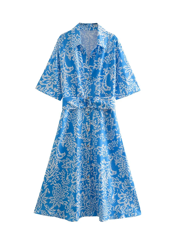 

Новинка лета 2022, женское модное шикарное элегантное платье-рубашка из смеси льна с принтом и поясом, Повседневное платье-миди с коротким рук...