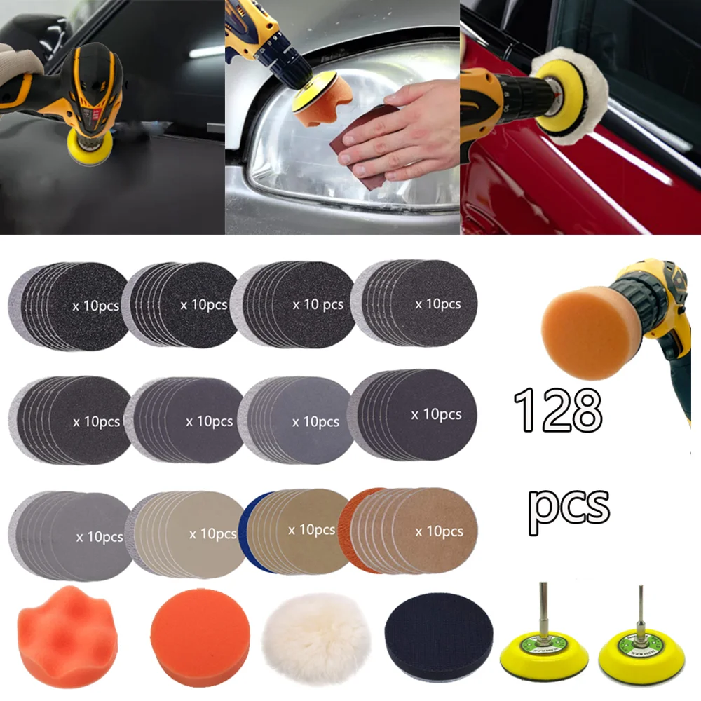 

3 Inch Sandpaper Kit 128 Pcs Wet Dry Sander Sheets with Shank Backer Plate and Soft Foam Buffering Pad Grinding Abrasive Sponge