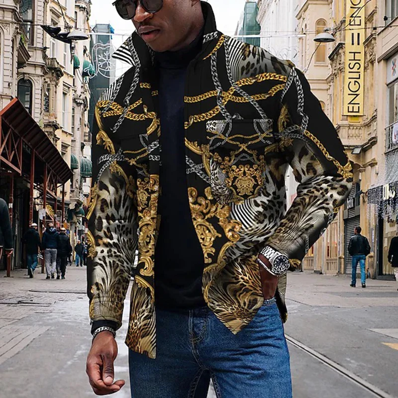 

New Fashion Lapel Jackets Men Autumn Vintage Leopard Print Coats Button-down Long Sleeve Loose Outerwear Mens Clothes Streetwear