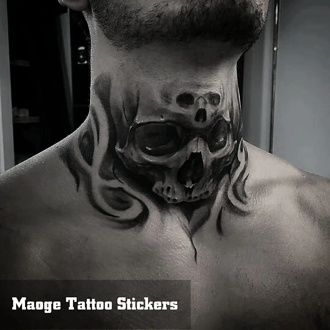 

Goth Skull Tattoo Stickers for Men Temporary Tattoos Neck Waterproof Lasting Tattoos Fake Tattoos Tatuajes Temporales 21X15cm