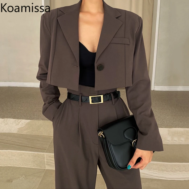 

Koamissa Vintage Woman Fashion Two Pieces Set Cropped Solid Blazer High Waist Belt Straight Long Pant Spring Korean Suit Chic
