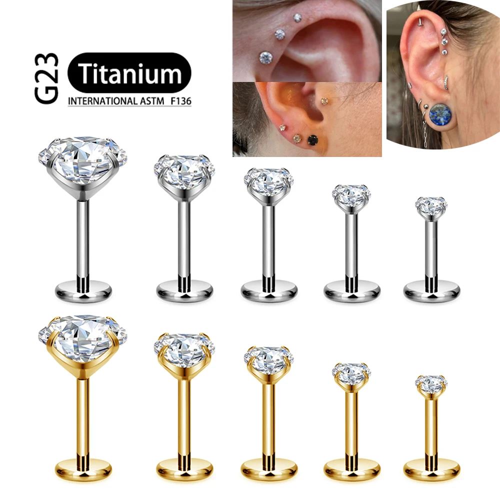 ASTM F136 Titan 2/2,5/3/4/5/6 mm Cz Labret Stud 16G Tragus Helix Kraakbeen Schelp Flatback Oorlel Piercing Body Jewelry 