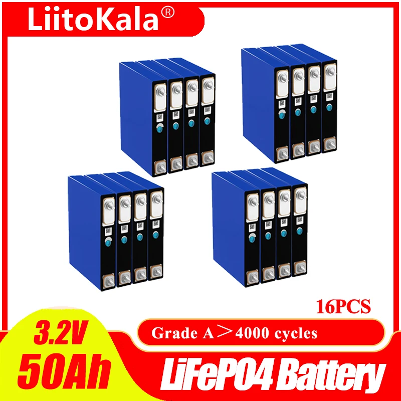 

16pcs LiitoKala 3.2V 50Ah LiFePO4 Max Continuous 150A Discharge For 12V 24V 36V 48V 50Ah E-Scooter Golf Cart Electric Wheelchair