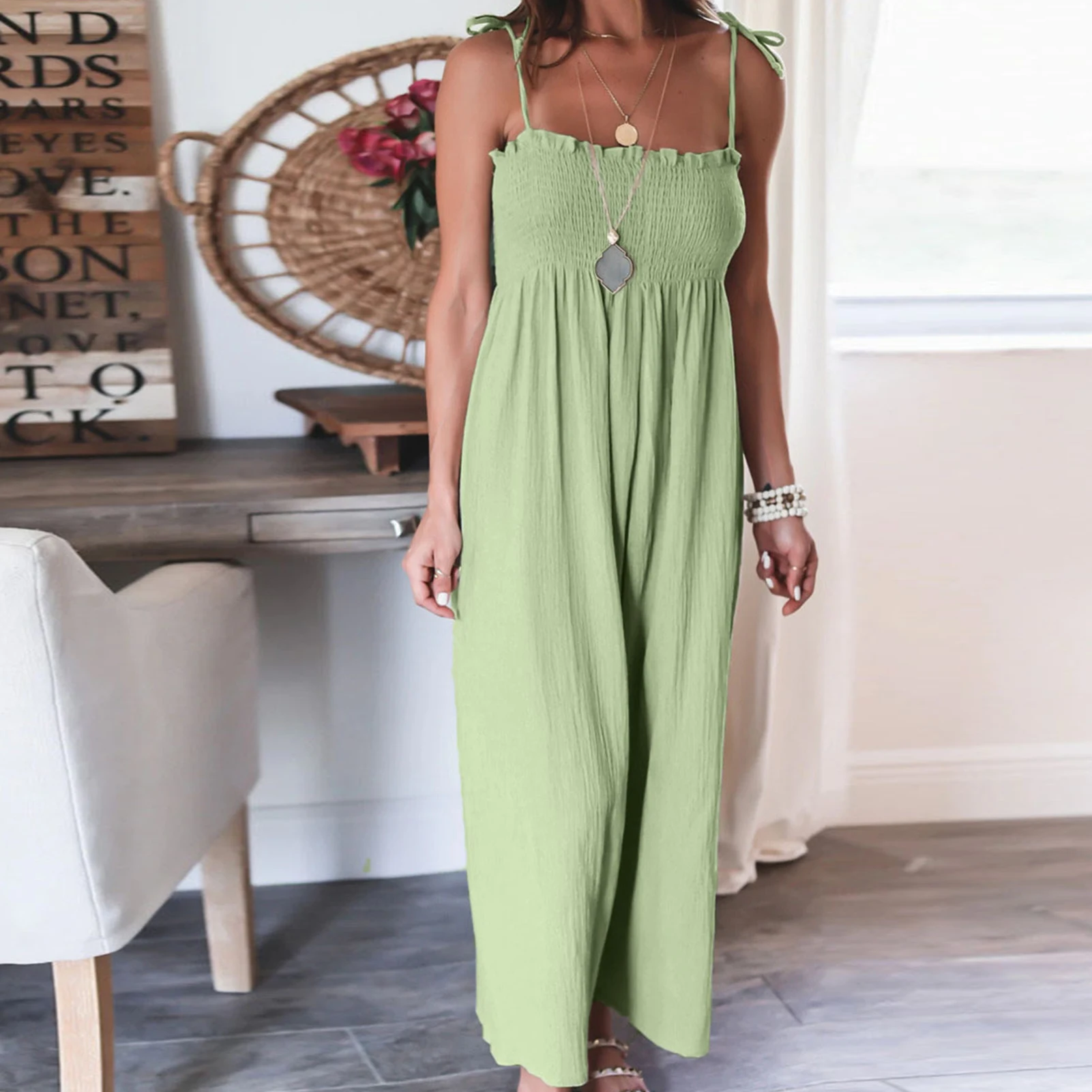 

Свободные цельнокроеные брюки, женские Комбинезоны на бретелях из полиэстера, на шнуровке, с украшением, однотонная женская летняя одежда