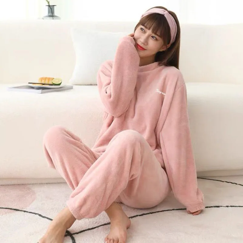 Autumn and winter thickened pajamas set coral fleece casual can be worn outside the home clothes pijama