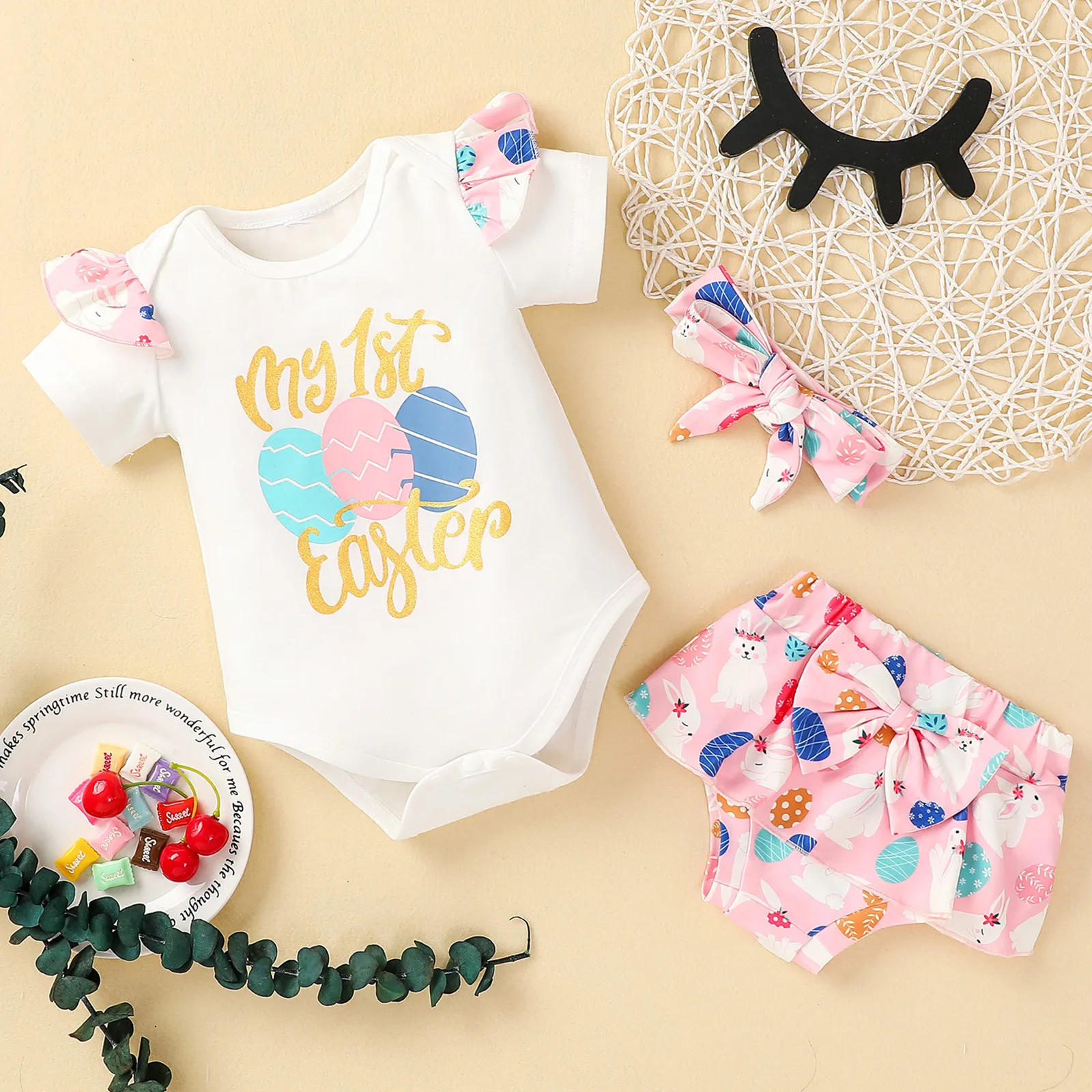 

My 1st Easter Baby Girls Outfit Newborn Infant Letter Eggs Romper Rabbit Bow Shorts Headbands Summer Short Sleeve Clothes Set
