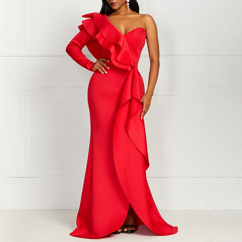 

Elegant One Shoulder Bodycon Irregular Long Evening Dresses Red Sexy Ruffles Patchwork Diagonal Collar Black Vestidos