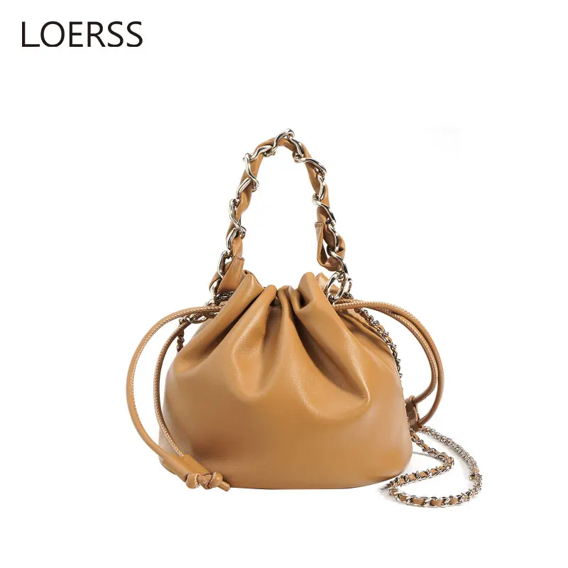 LOERSS Genuine Leather Bucket Bag Drawstring Crossbody Bag for Women Casual Tote Bag Large capacity Handbag Versatile Female Bag