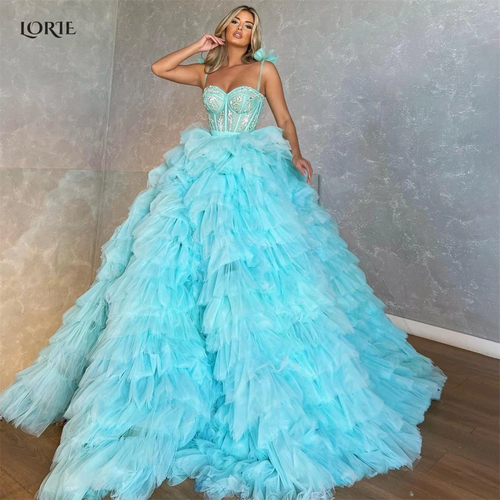 

LORIE Sky Blue Formal Prom Dresses Bow Spaghetti Straps Princess Puffy Tiered Tulle Ruffles Ball Gowns Arabia Pageant Party Gown