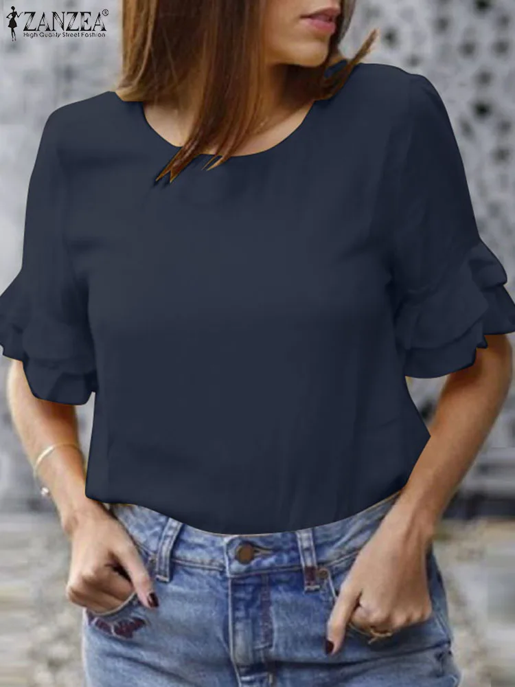 

2023 ZANZEA Summer Blouse Women Elegant Ruffles Tops Fashion Solid Work OL Shirt Female Loose O Neck Half Sleeve Tunic Blusas