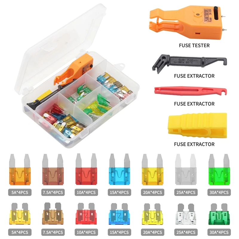 

60PCS Car Fuse Kit 5A7.5A10A15A20A25A30A Amplifier With Box Clip Combination Car Blade Fuse Set With Fuse Tester Tool