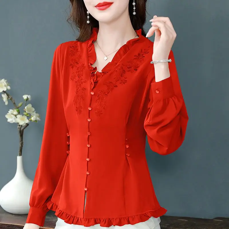 Повседневная приталенная рубашка с V-образным вырезом винтажная однотонная