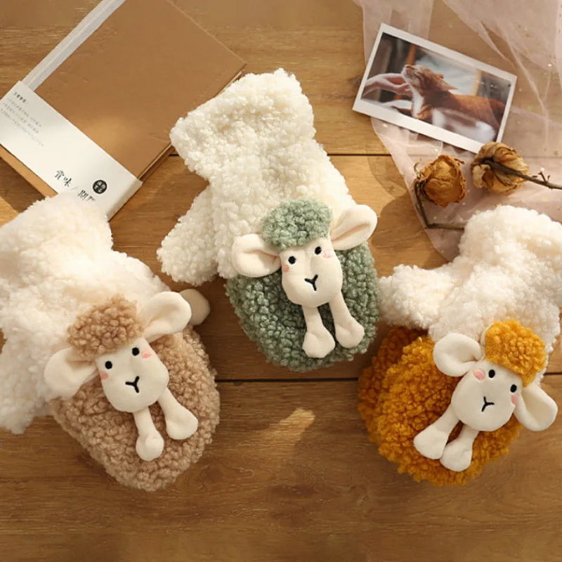 

Winter Warm Cartoon Sheep Bear Gloves Cute Soft Plush Thicken Mittens for Women Girls Students Outdoor Warmer Gifts