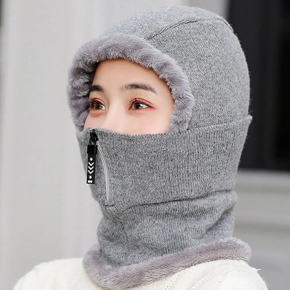 

Women Winter Knitted Hat Add Fur Lined Warm Winter Hat With Zipper Riding Skiing Face Cover Head Collar Warm Face