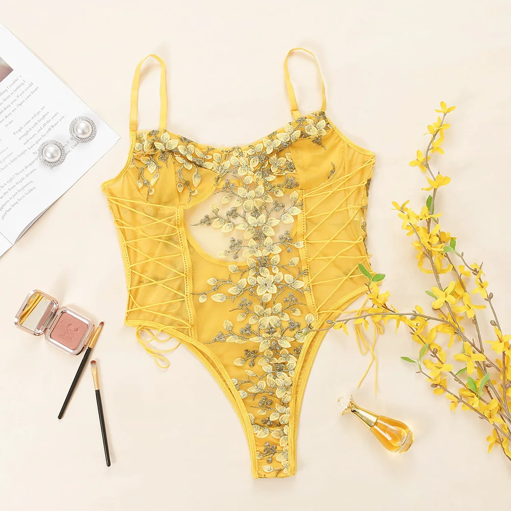 

Sexy Women Lace Floral Embroidered Bandage Bodysuit Underwear Lingerie Ladies Solid Color Perspective Jumpsuit Pajamas