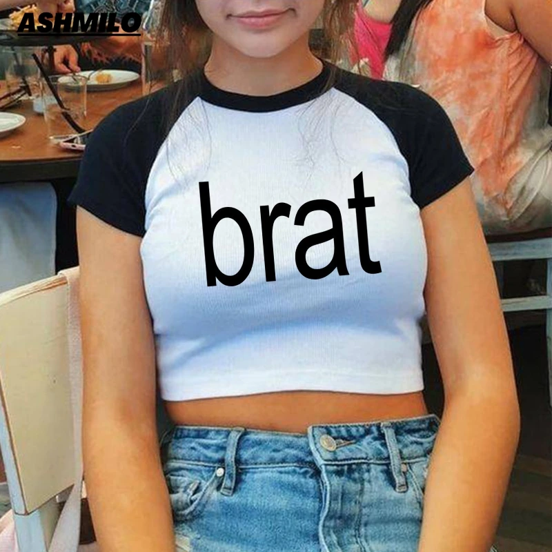 Футболка Y2K уличная Женская в стиле ретро короткий топ с надписью Brat Charli XCX одежда