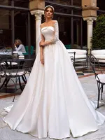Elegant Wedding Dress Floor-Length 3/4 Sleeve Backless Boat Neck Off Shoulder 2022 Court Train Prom Gown Custom Made Bridal Robe
