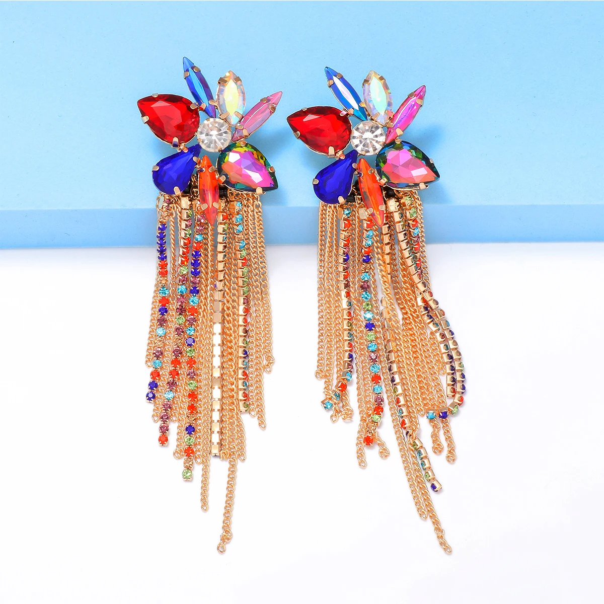 

JURAN 2023 Trendy Design Colorful Crystal Long Metal Chains Tassel Earrings For Women Vintage Boho Statement Jewelry Gifts