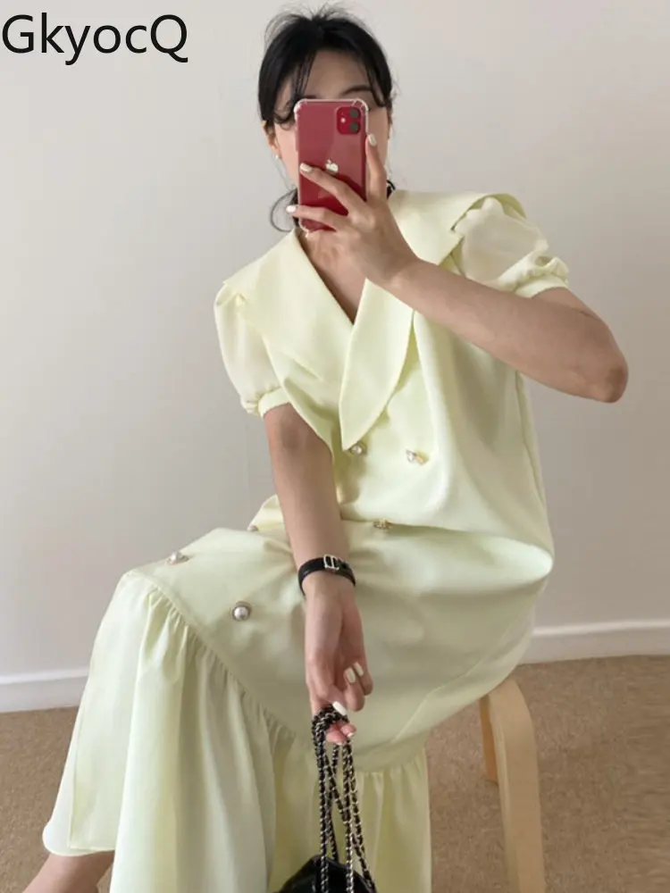

French Elegant Large Lapel Double Breasted Loose V-neck Fishtail Dress Long Dress Women Short Sleeve Loose Skirt Fashion Ladies