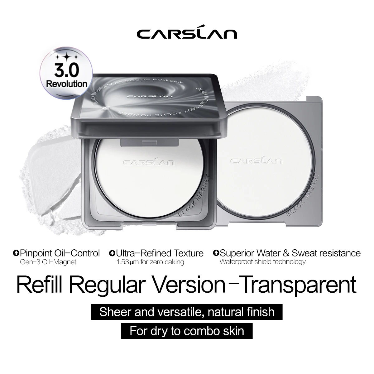 Фото CARSLAN 3.0 Обновленная версия, черная магнитная пудра с эффектом мягкого фокуса, сменная, стойкая 24 часа, прозрачная компактная фиксирующая пудра №1