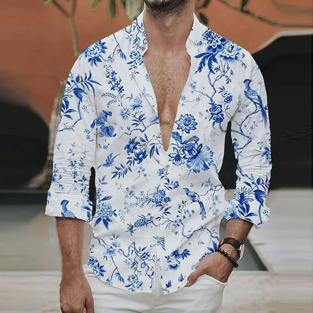 

Vintage Flower Print Men Shirt Turn-down Collar Single-breasted Summer Shirt Slim Fit Long Sleeve Men Top For Daily Wear