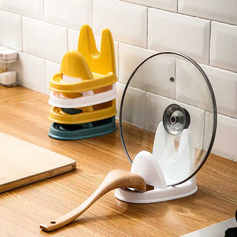 

Multi-Function Pot Lid Holder Kitchen Storage Rack Plastic Spoon Rest Desktop Tools Organizer Pan Cover