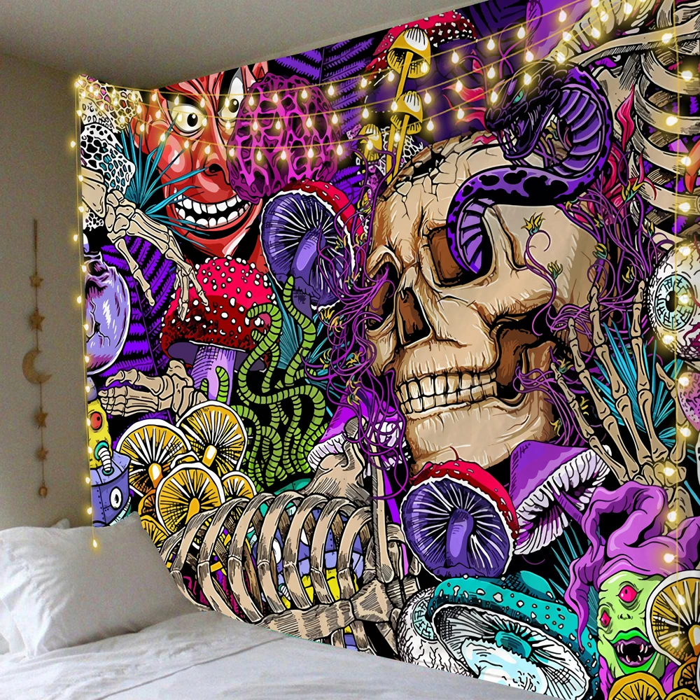 

Mushrooms Skull Tapestry Psychedelic Skeleton Snake Wall Hanging For Bedroom Home Decoration Abstract Printed Art Wall Cloth Car