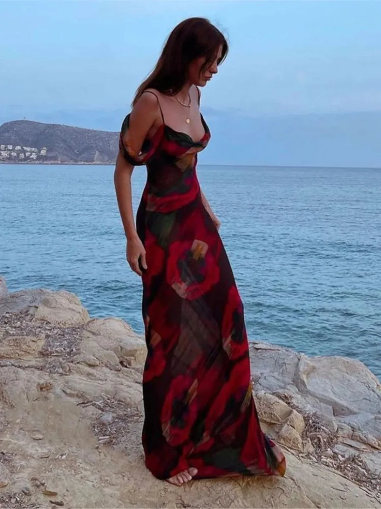 

Chic And Elegant Woman Dress Sexy Floral Printed Chiffon Backless Long Formal Maxi Dress Off Shoulder Beach Sundress Tuniche