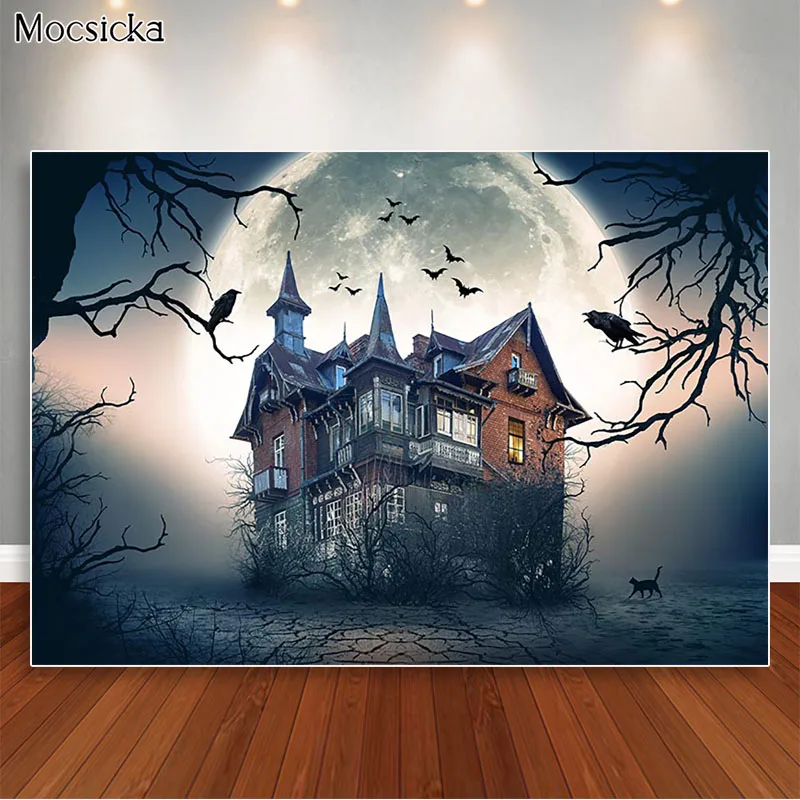 

Mocsicka, ужасный замок, Хэллоуин, фон для фотосъемки с черным лесом, Ночная Луна, Черный кот, реквизит для фотосъемки