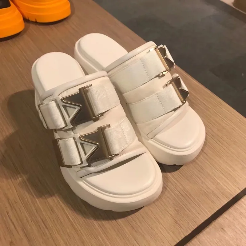 Women's Thick-Soled High-Heeled Half Slippers 2022 Spring and Summer New Platform All-Match Metal Buckle Slip-on Pumps