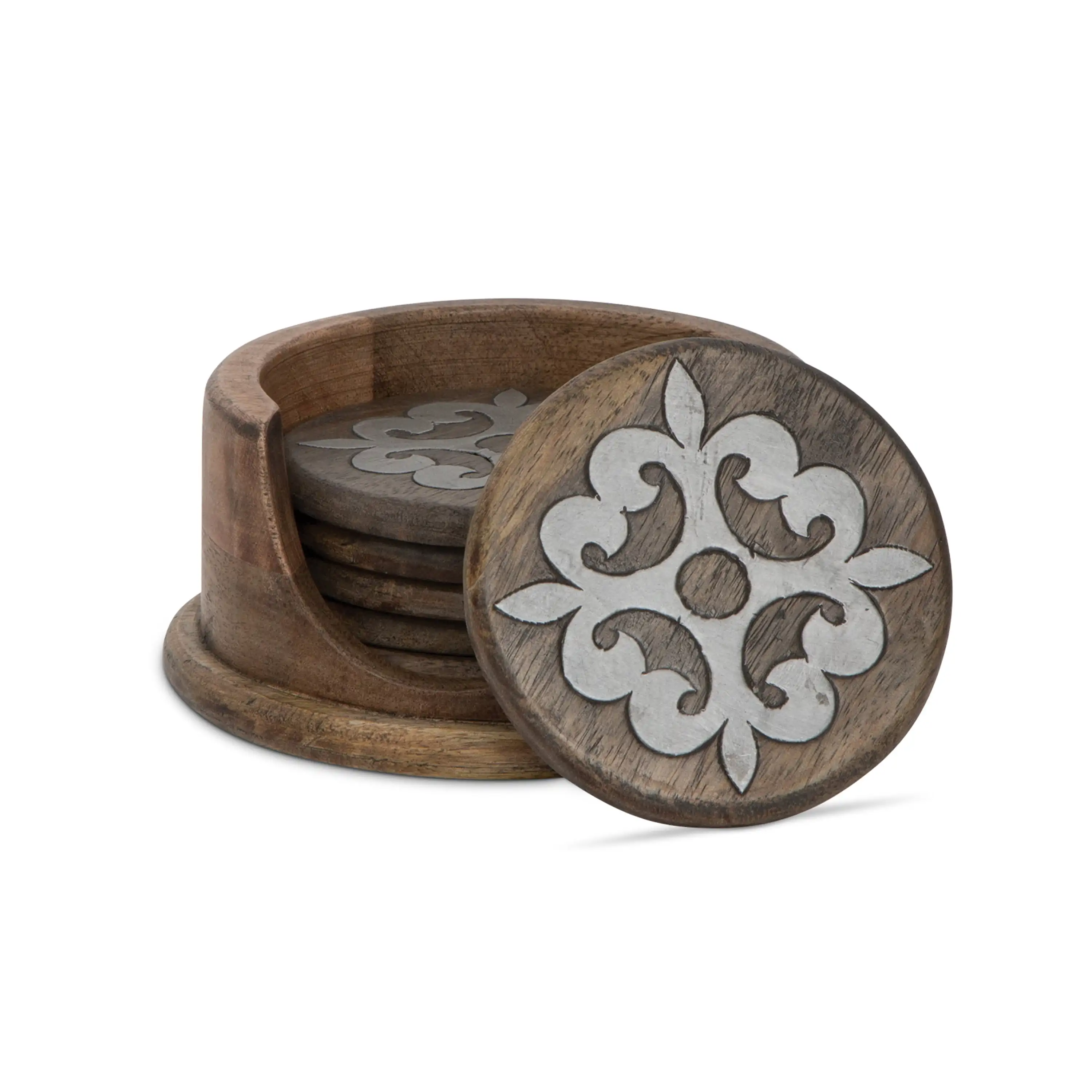 

5-Inch Diameter Wood and Metal Heritage Collection Coasters With Wooden Holder