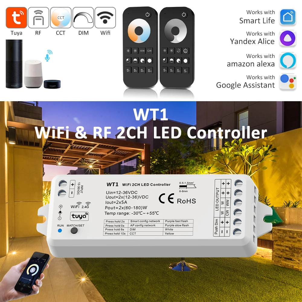 WT1 12V 24V Wifi Tuya Smart CCT Controller 2CH 5A WW CW Strip LED Dimmer Work with Yandex Alice Alexa APP RF Remote Control