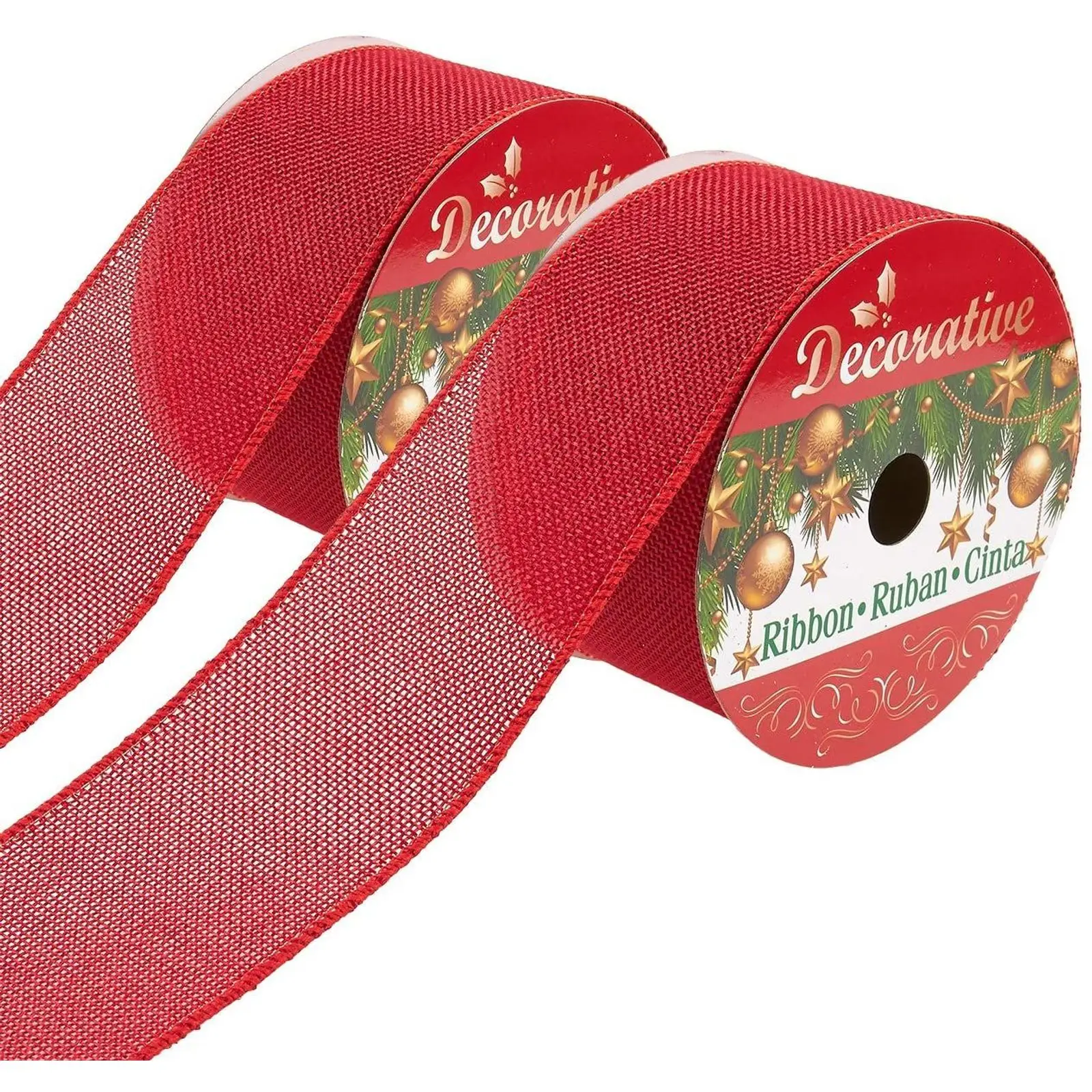 

2 Pack 30 ft Red Burlap Ribbon Rolls with Wired Edge for Christmas Gift Wrapping, Xmas Holiday Crafts Decorations, 2.5 inch Wide
