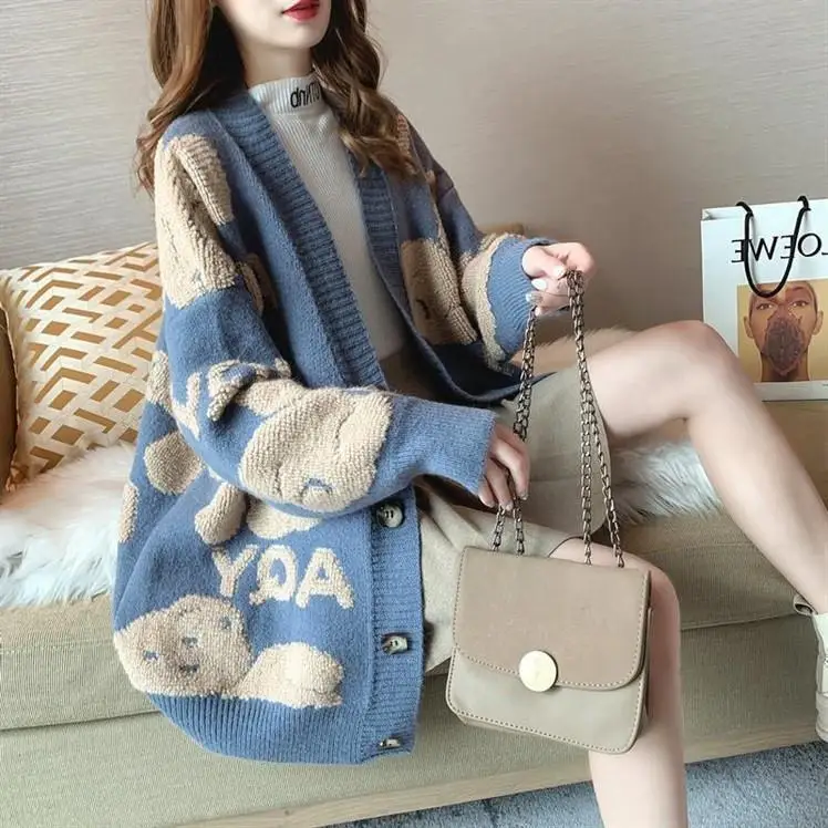 

V-neck long paragraph sweater jacket lazy Korean version of loose large code knitted cardigan thickened plus velvet kawaii