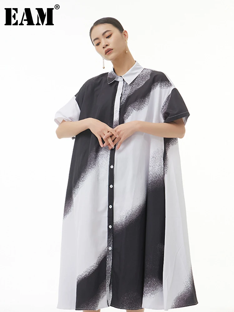 

[EAM] Women White Gradual Color Long Big Size Shirt Dress New Lapel Sleeve Loose Fit Fashion Tide Spring Summer 2022 1DE9725