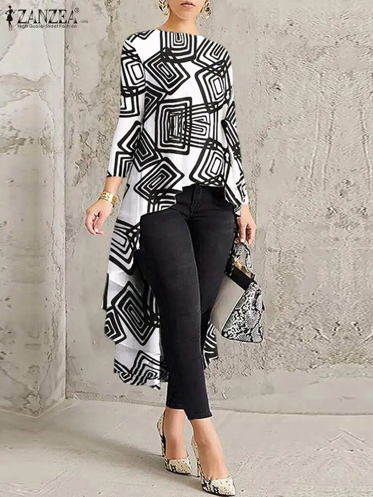 

2023 ZANZEA Women Long Blouse Summer Bohemian Printed Long Sleeve Asymmetrical Tunic Casual Holiday Tops Irregular Hem Blusas